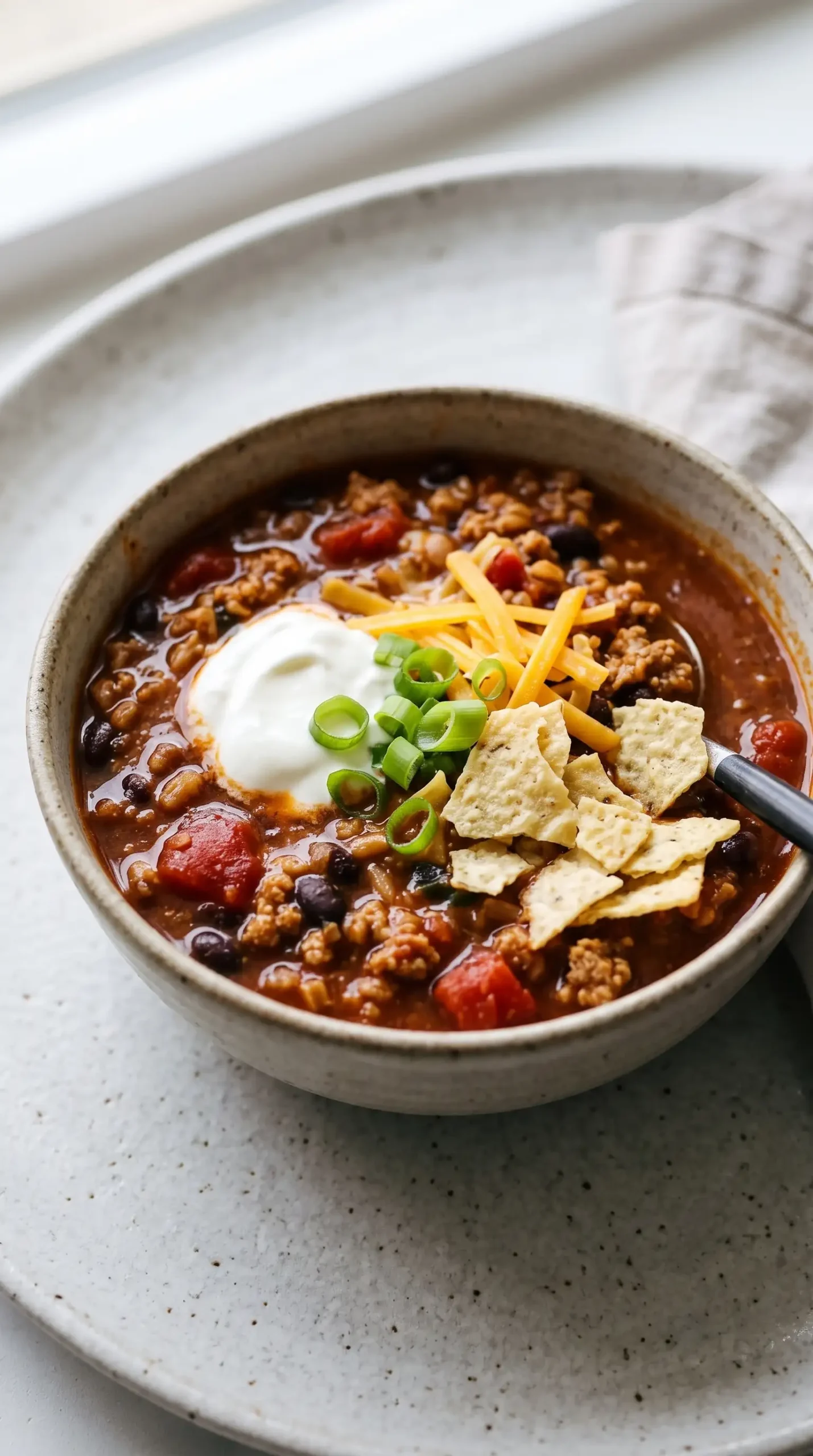 Finished turkey chili bowl topped with sour cream, cheese, green onions, and tortilla chips