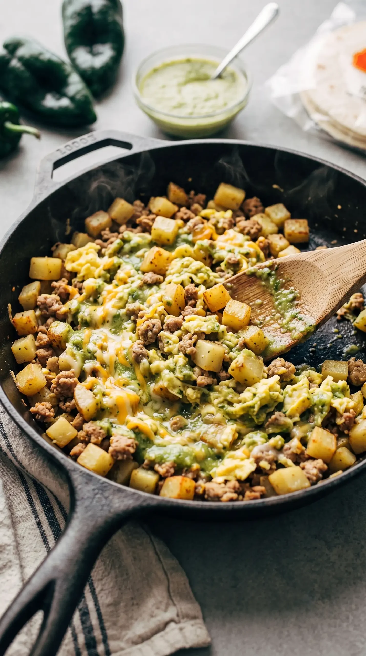 Skillet filling with turkey, potatoes, scrambled eggs, cheese, and poblano sauce
