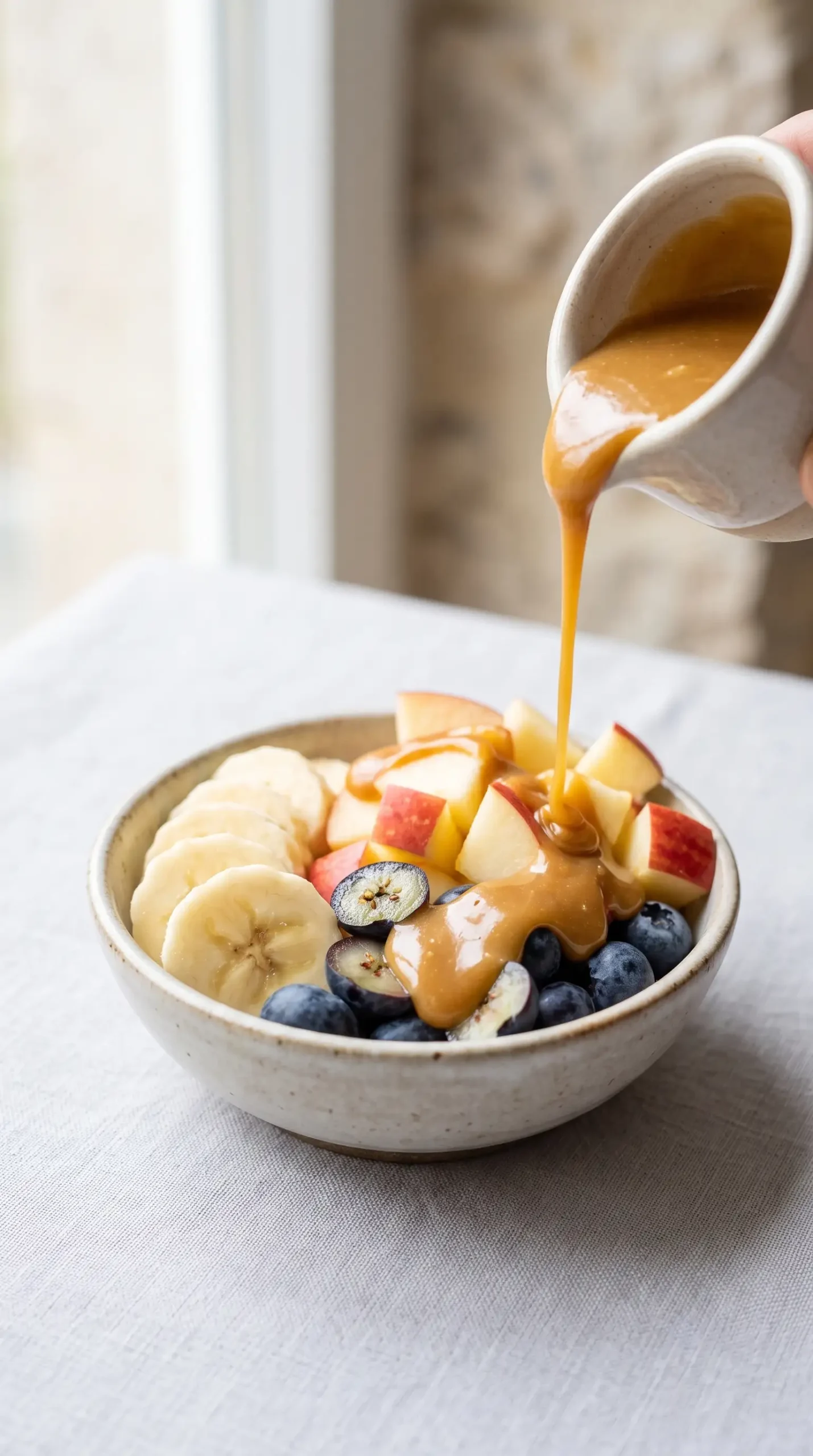 Vegan caramel sauce drizzled over fresh fruit as a simple topping