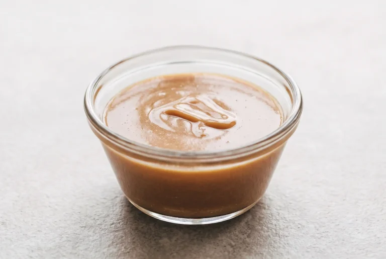 Vegan caramel sauce in a glass bowl with a smooth glossy golden-brown texture