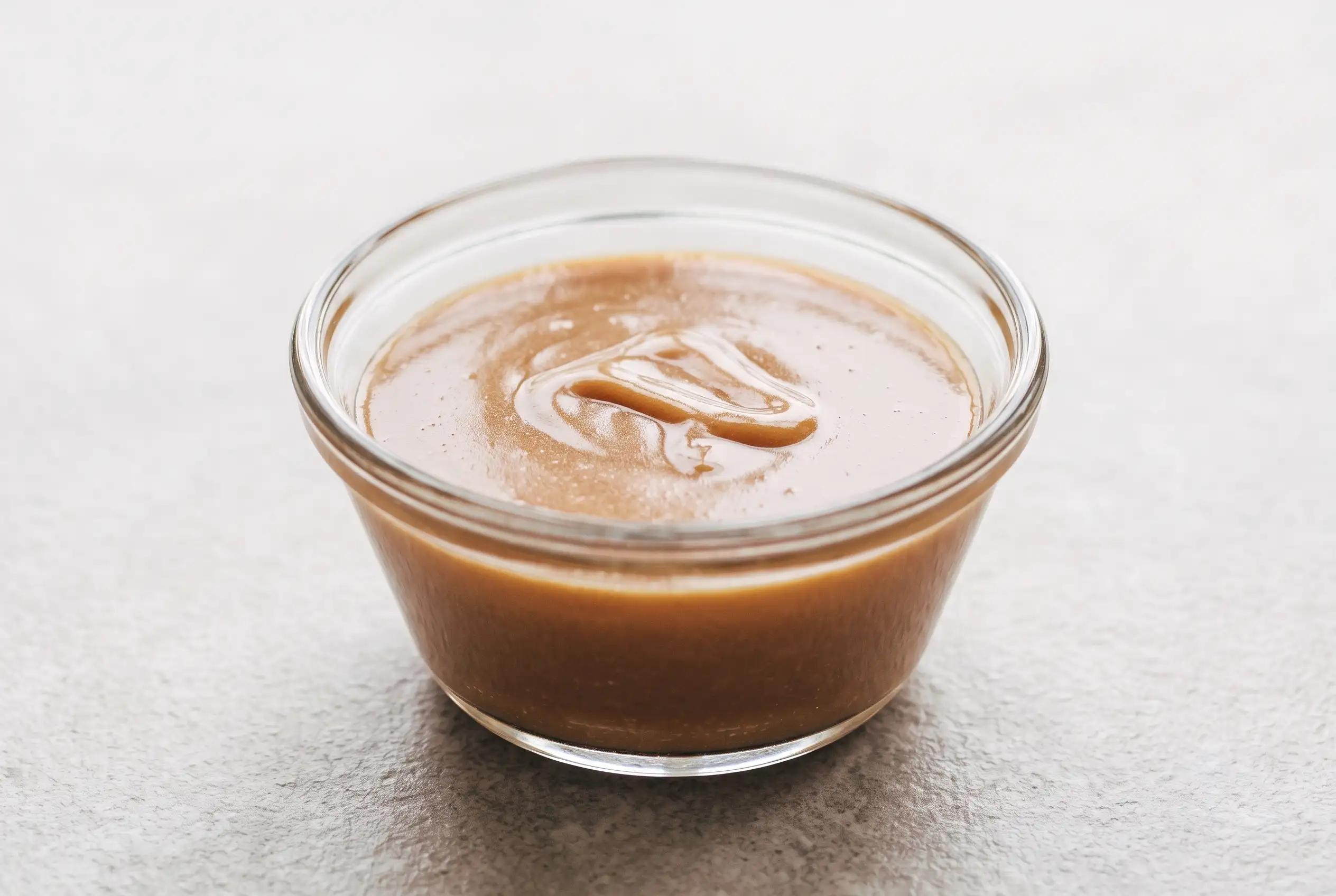 Vegan caramel sauce in a glass bowl with a smooth glossy golden-brown texture
