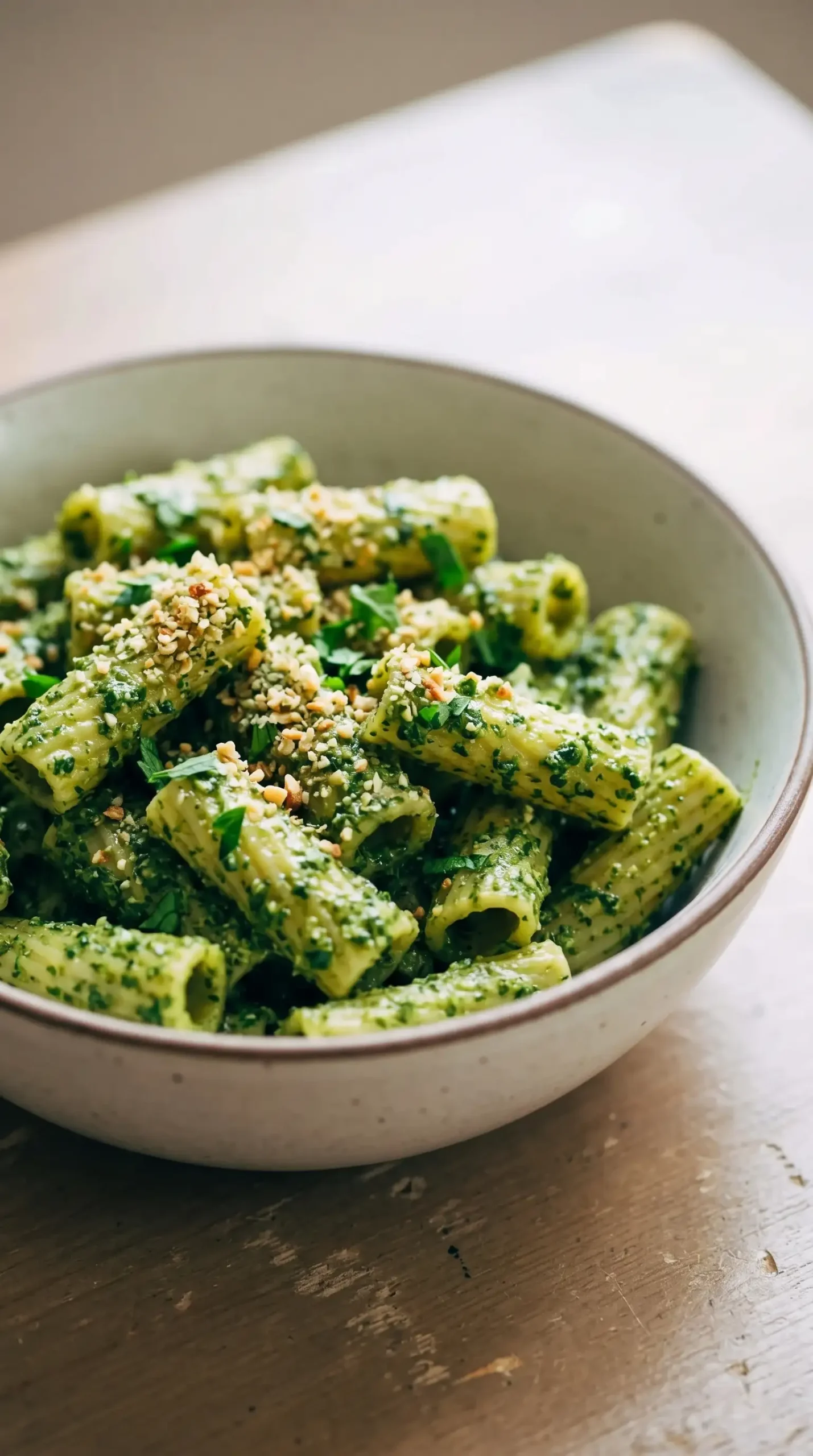 Pasta coated with vibrant green vegan kale pesto and almond pieces