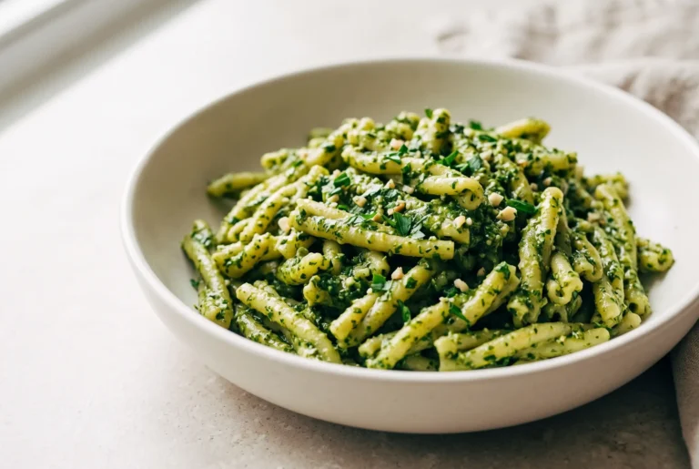 Vegan kale pesto pasta with smooth green sauce, parsley, and almond texture