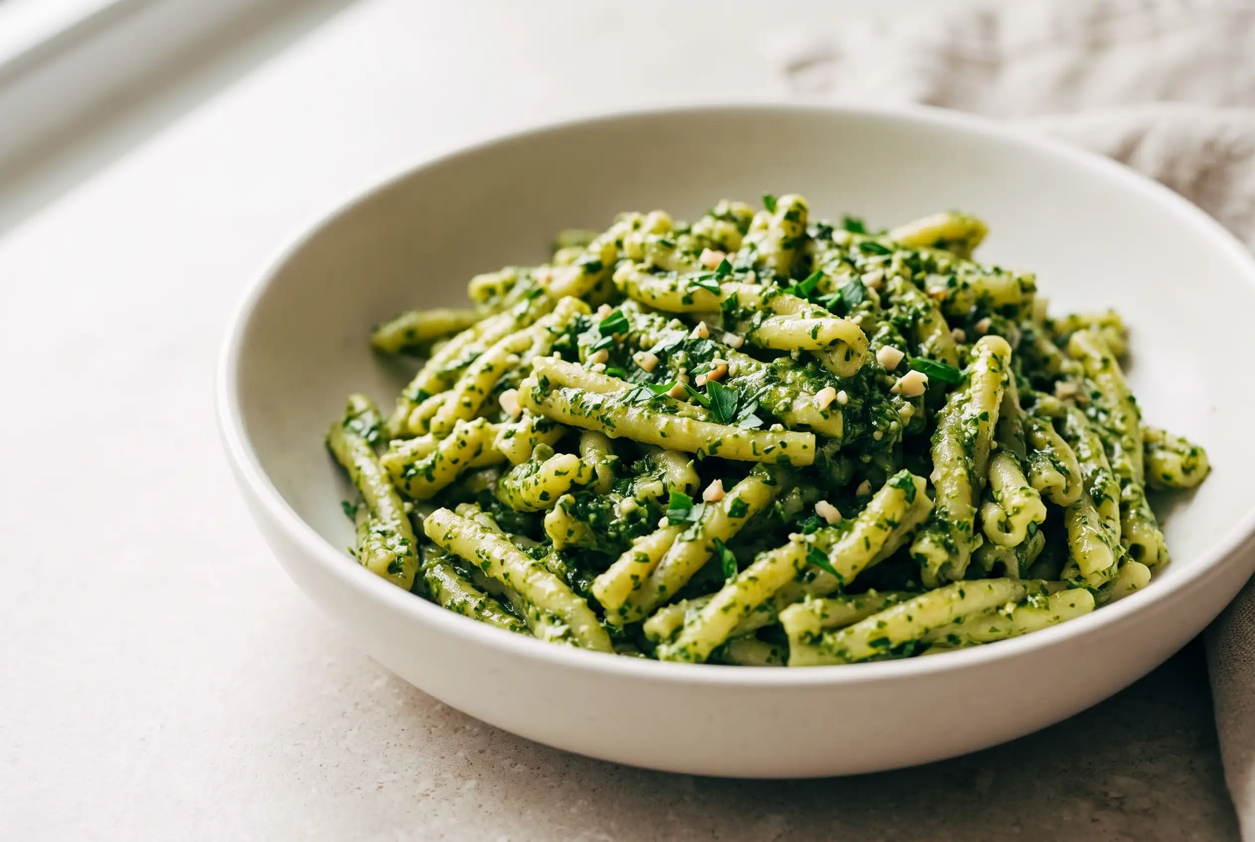 Vegan kale pesto pasta with smooth green sauce, parsley, and almond texture