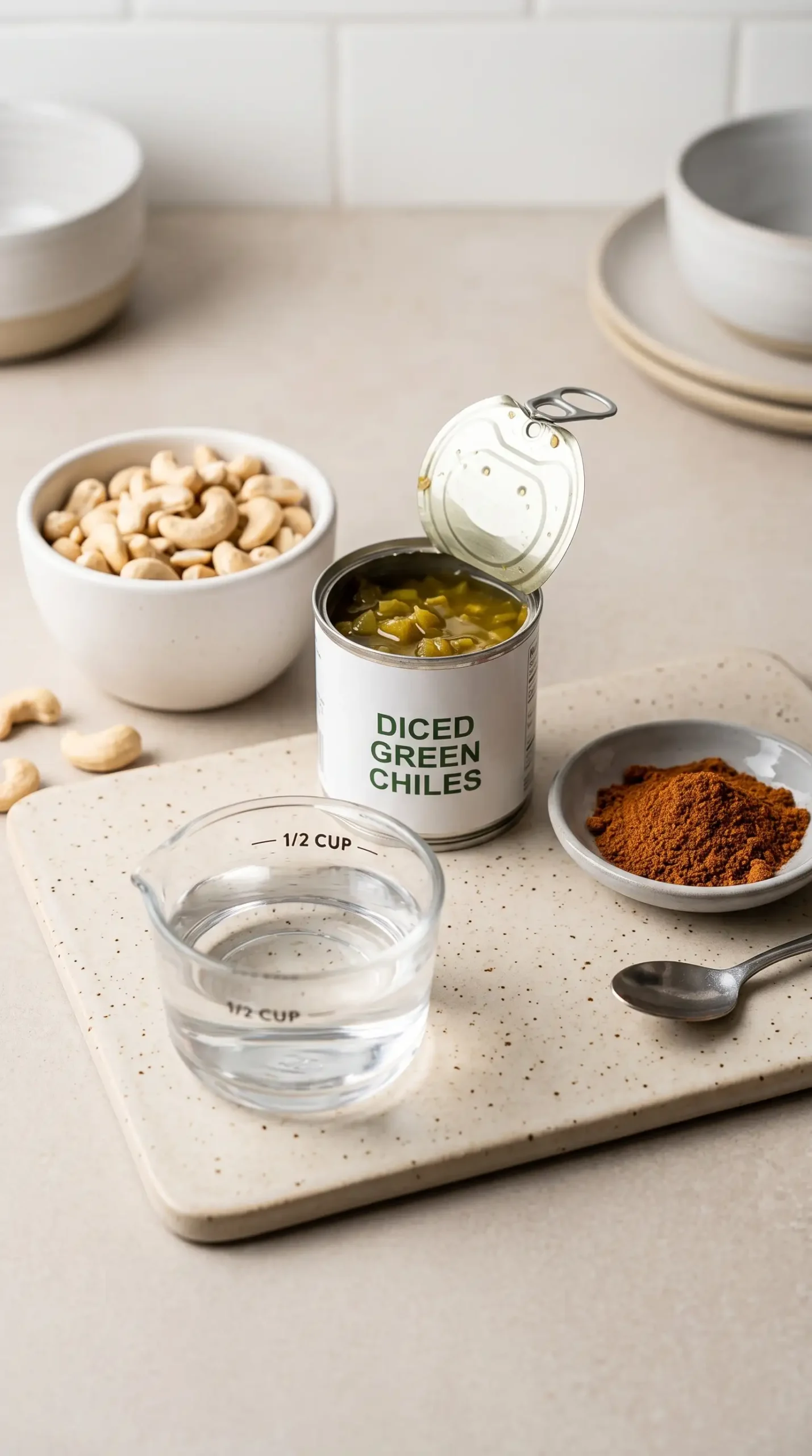 Cashews, green chiles, taco seasoning, and water prepared for vegan queso