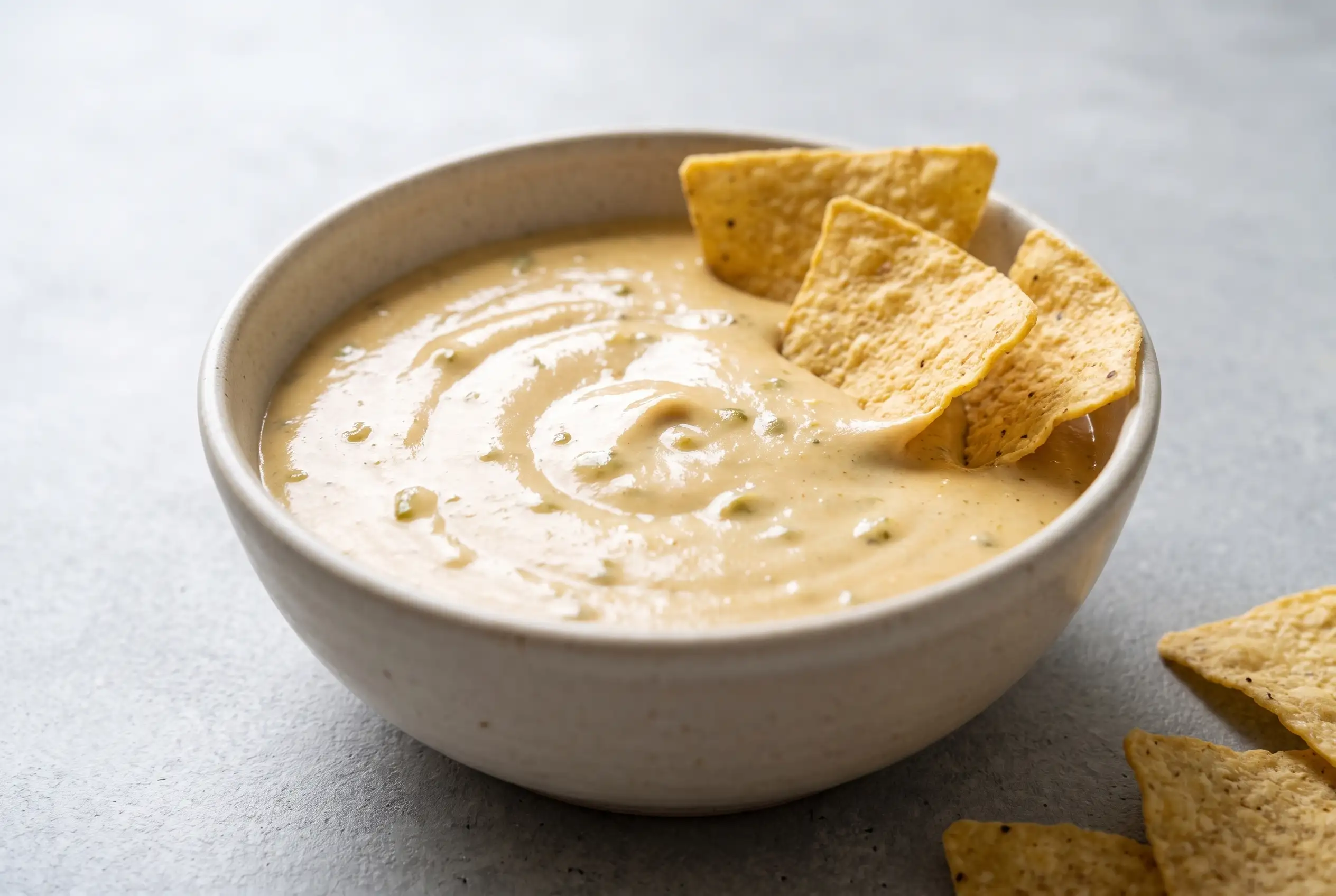 Creamy vegan queso with cashews and green chiles served in a bowl with tortilla chips for dipping