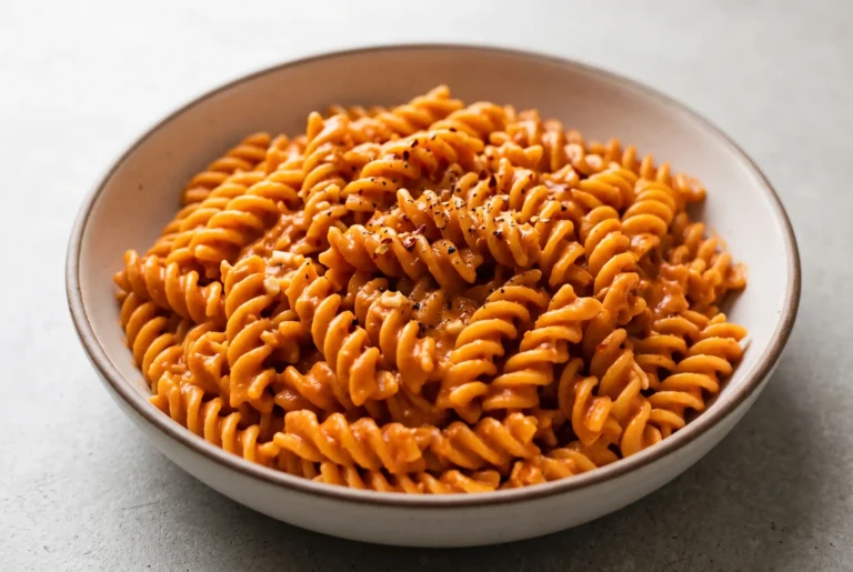Vegan vodka pasta with rotini in a creamy tomato coconut sauce