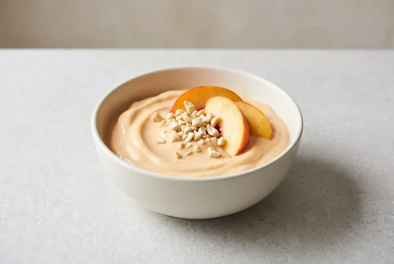 Vegan yogurt with peaches and tofu in a creamy dairy-free breakfast bowl