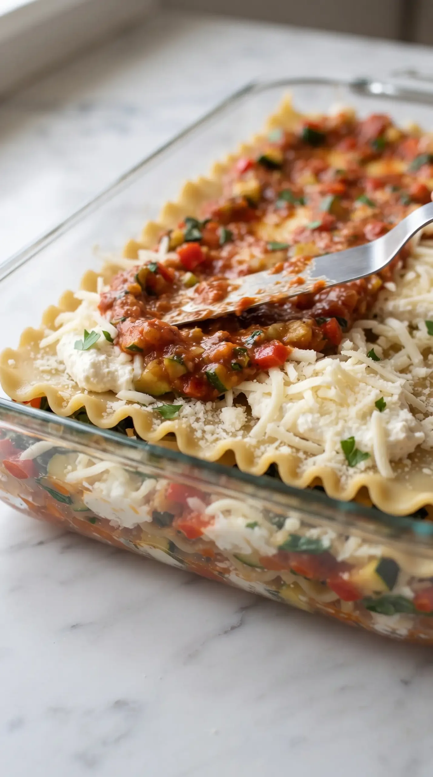 Vegetarian lasagna layers being assembled with sauce, mascarpone, and cheese