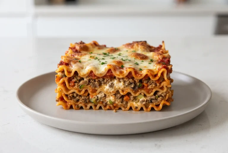 Slice of vegetarian lasagna with mushroom walnut filling, cheese layers, and browned topping