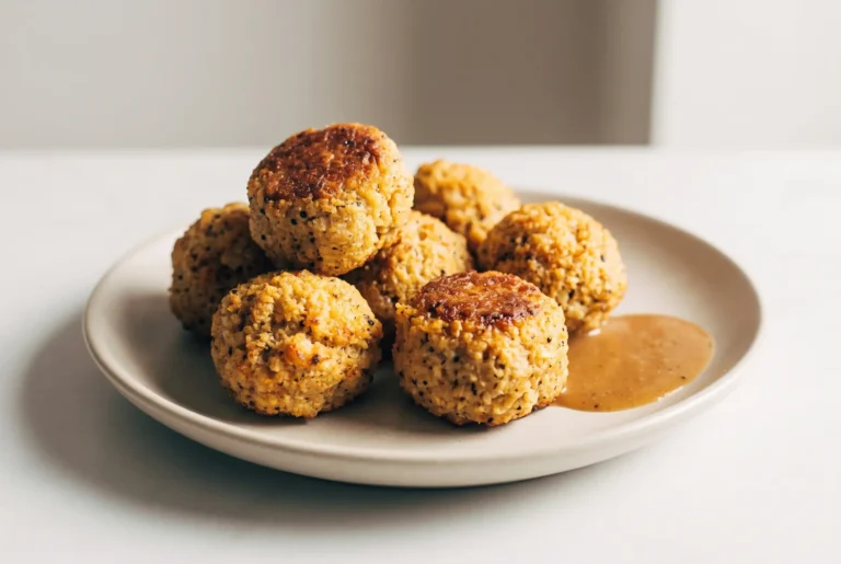 Plate of baked vegetarian meatballs with cauliflower rice and brown rice