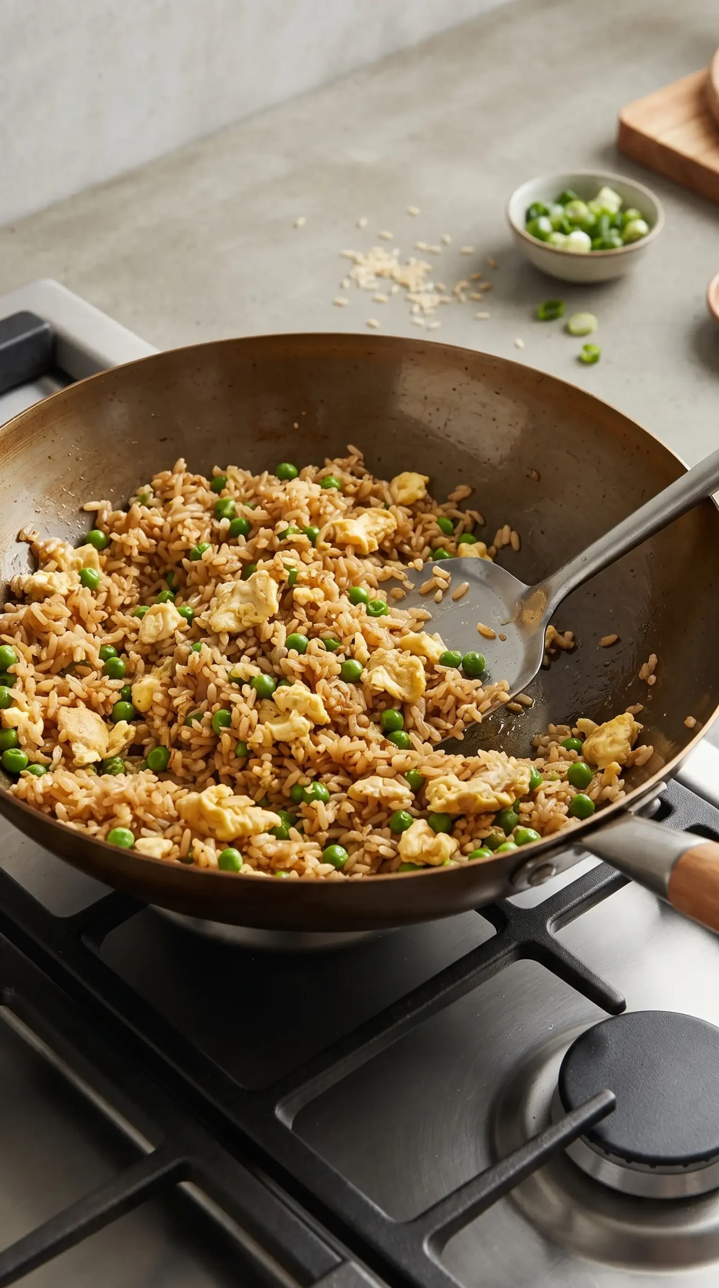 Brown rice and soft scrambled eggs cooking together in a skillet