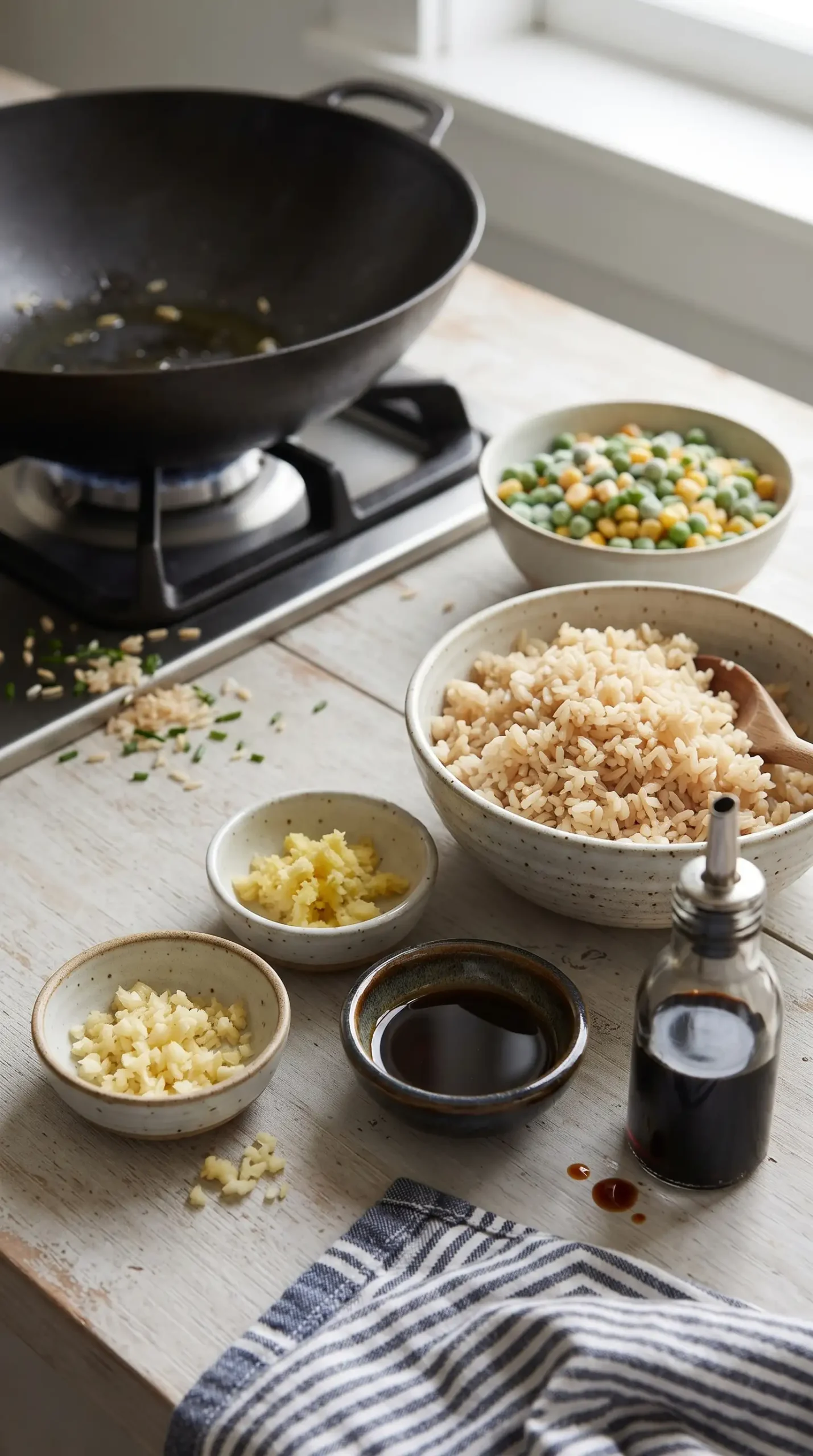Professional food photography close-up of the flavor-building ingredients for veggie fried rice being prepared beside a cooking pan: a small bowl of sesame oil, minced garlic, freshly grated ginger, soy sauce, and cooked brown rice ready for stir-frying. Show the ingredients as an organized preparation scene on a simple light ceramic surface, with realistic textures and natural soft daylight. Keep the focus on the garlic, ginger, oil, and rice elements that create the dish's savory base, without showing a finished meal or unnecessary decorations.