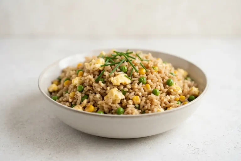 Veggie fried rice with brown rice, eggs, peas, corn, and fresh herbs in a bowl
