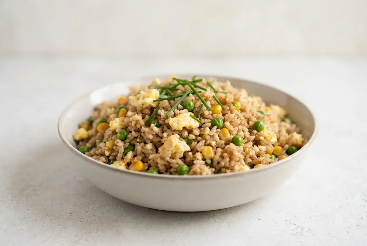 Veggie fried rice with brown rice, eggs, peas, corn, and fresh herbs in a bowl