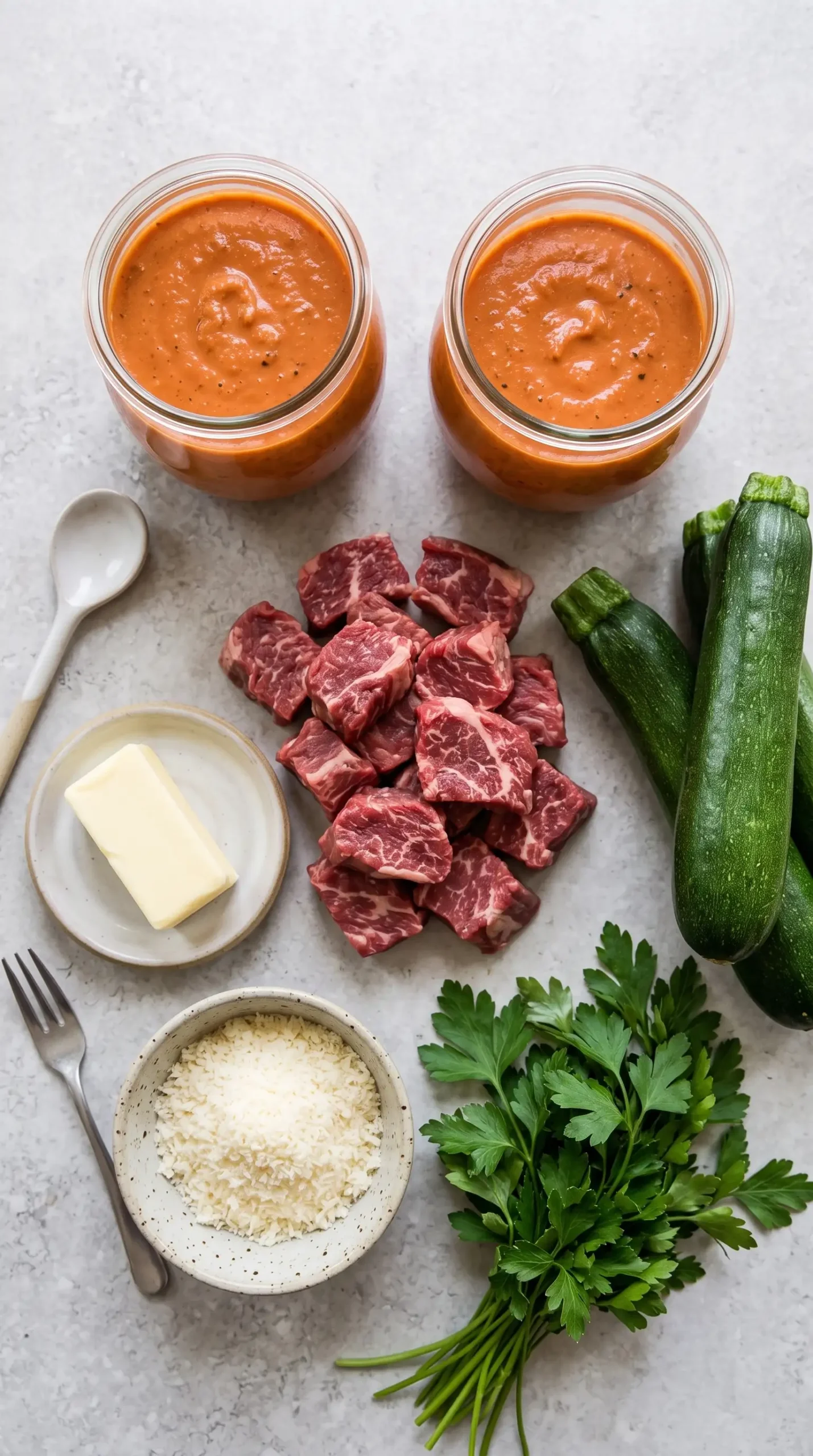 Ingredients for vodka steak pasta including sirloin, vodka sauce, zucchini, Parmesan, and parsley