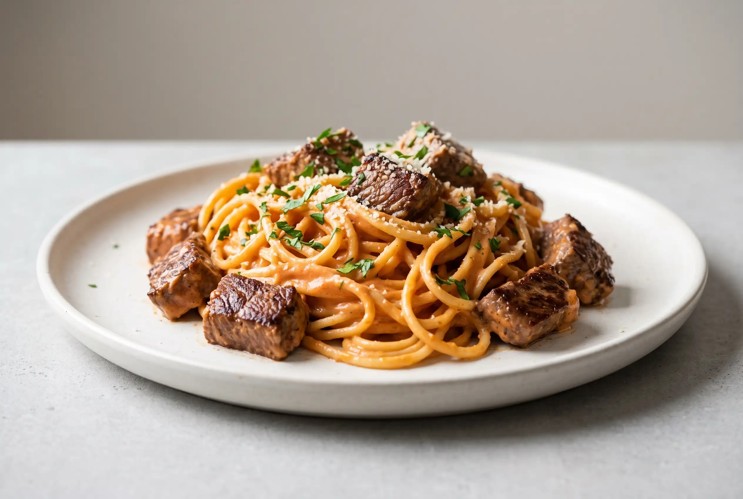 Vodka steak pasta with creamy vodka sauce, noodles, seared steak, Parmesan, and parsley