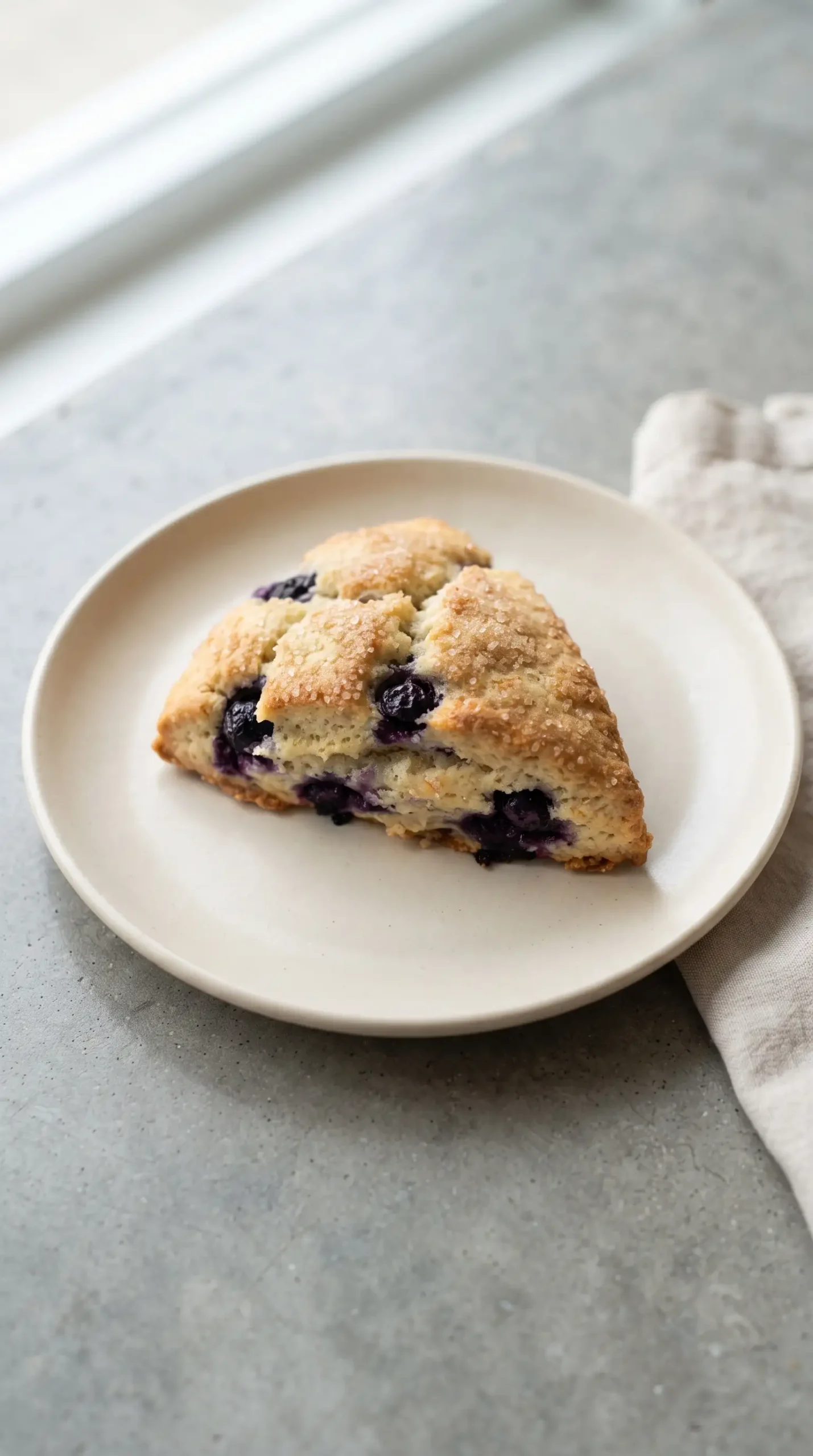Warm blueberry scone with tender crumb and sugar topping served on a ceramic plate
