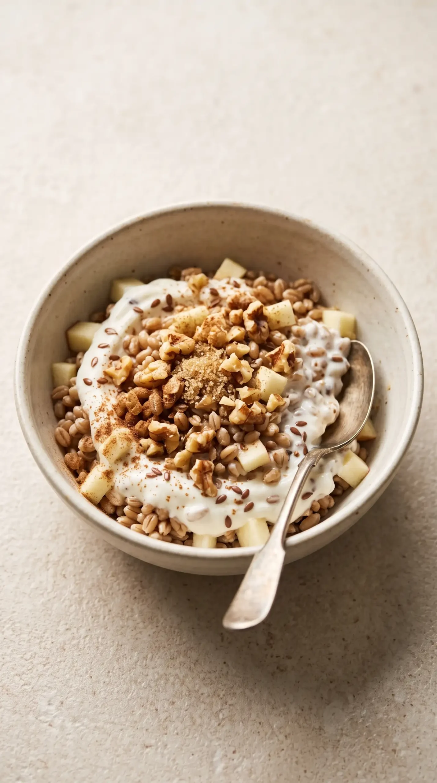 Wheat berry parfait with creamy yogurt, chewy grains, diced apples, walnuts, and cinnamon