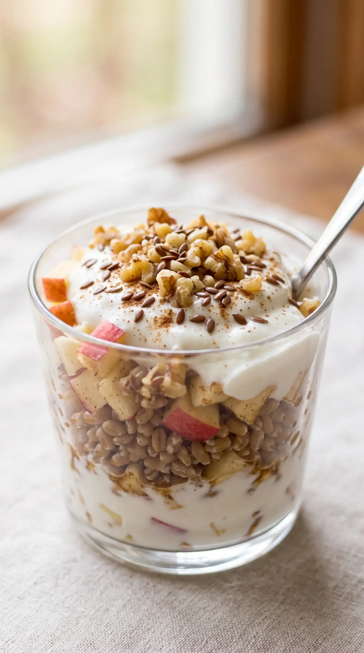 Wheat berry parfait topped with walnuts and flax seeds over yogurt and diced apples
