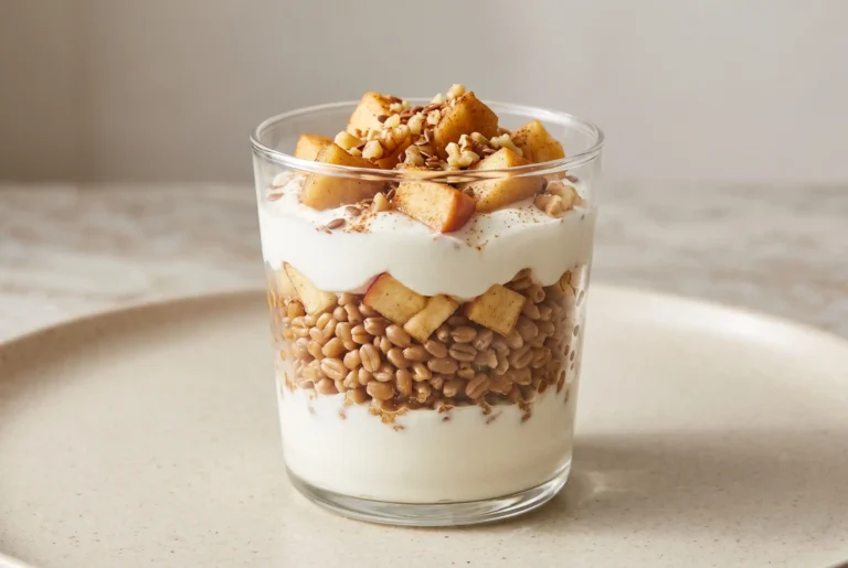 Wheat berry parfait with yogurt, diced apples, walnuts, flax seeds, and cinnamon layers