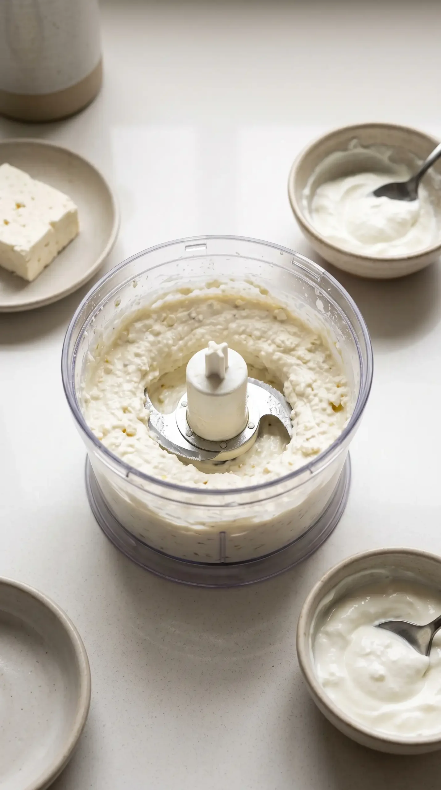 Creamy whipped feta spread blending in a food processor for buffalo chicken burgers