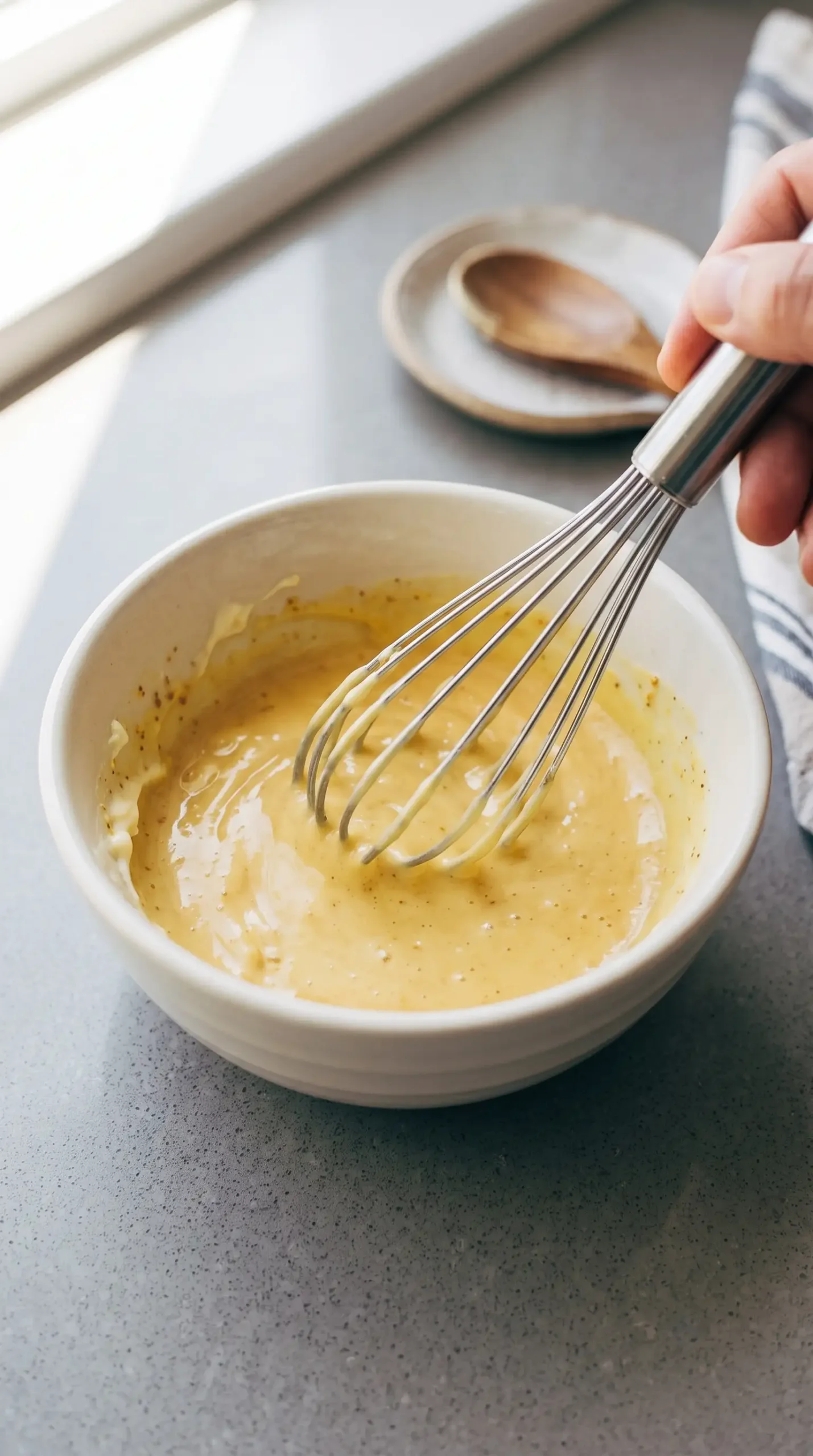Honey mustard sauce ingredients whisked together in a bowl during preparation