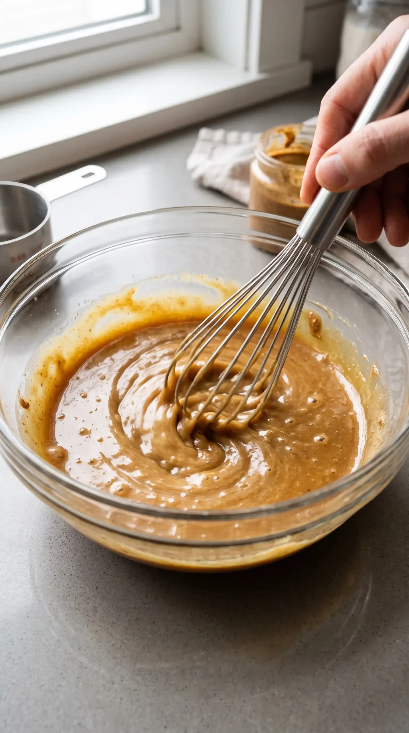 Whisking coconut oil, maple syrup, and almond butter into vegan caramel sauce