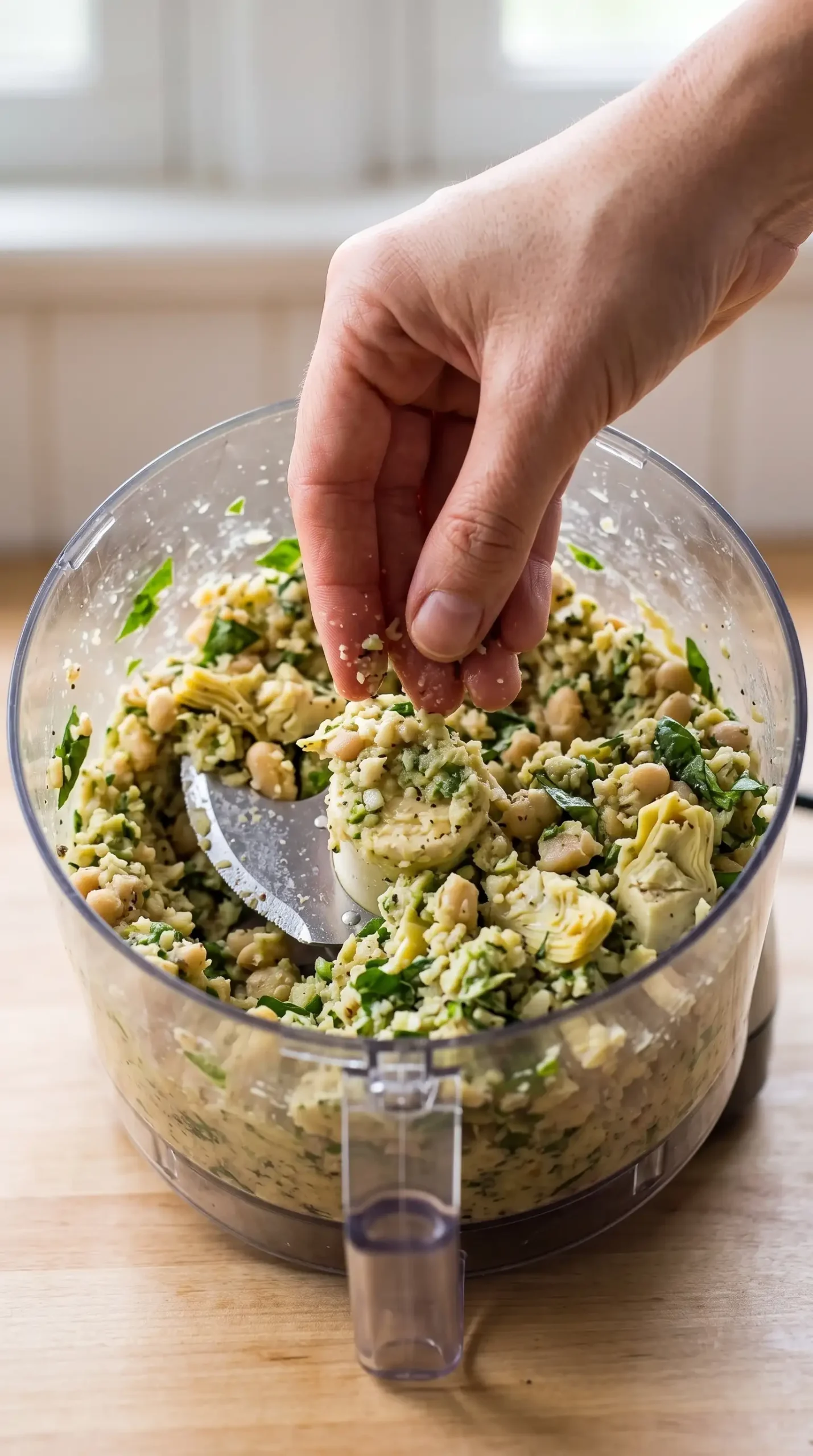 Food processor preparing a rustic white bean artichoke basil spread