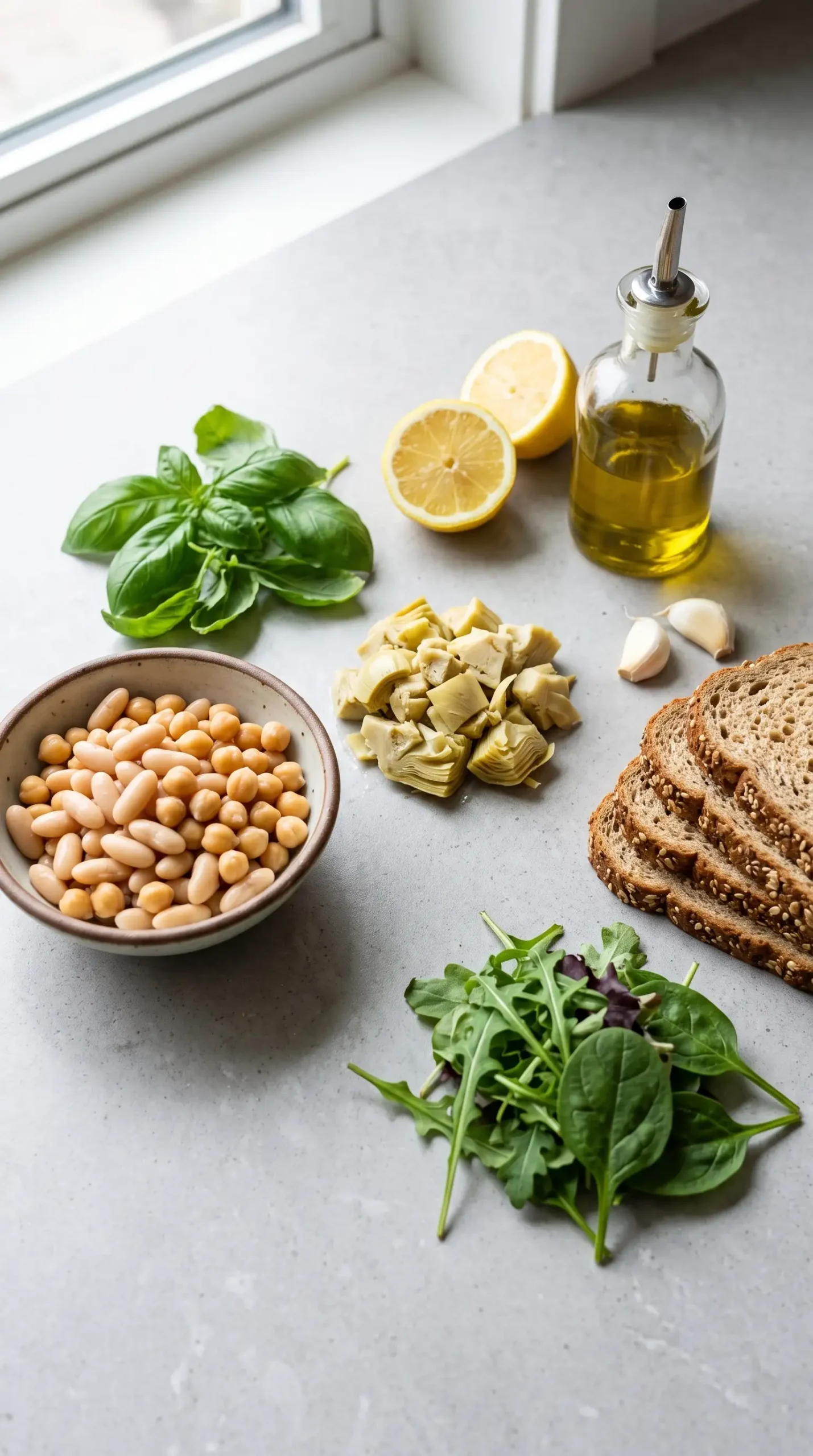 White beans, chickpeas, artichokes, basil, lemon, and bread ingredients for toast