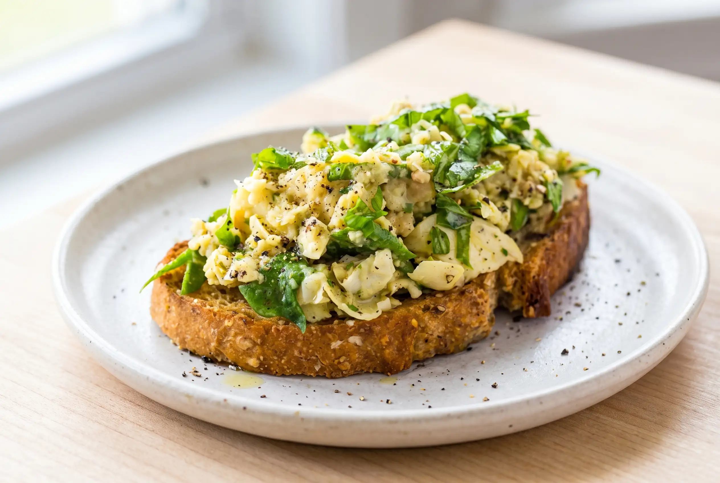 White bean toast topped with artichoke basil spread on crisp whole wheat bread