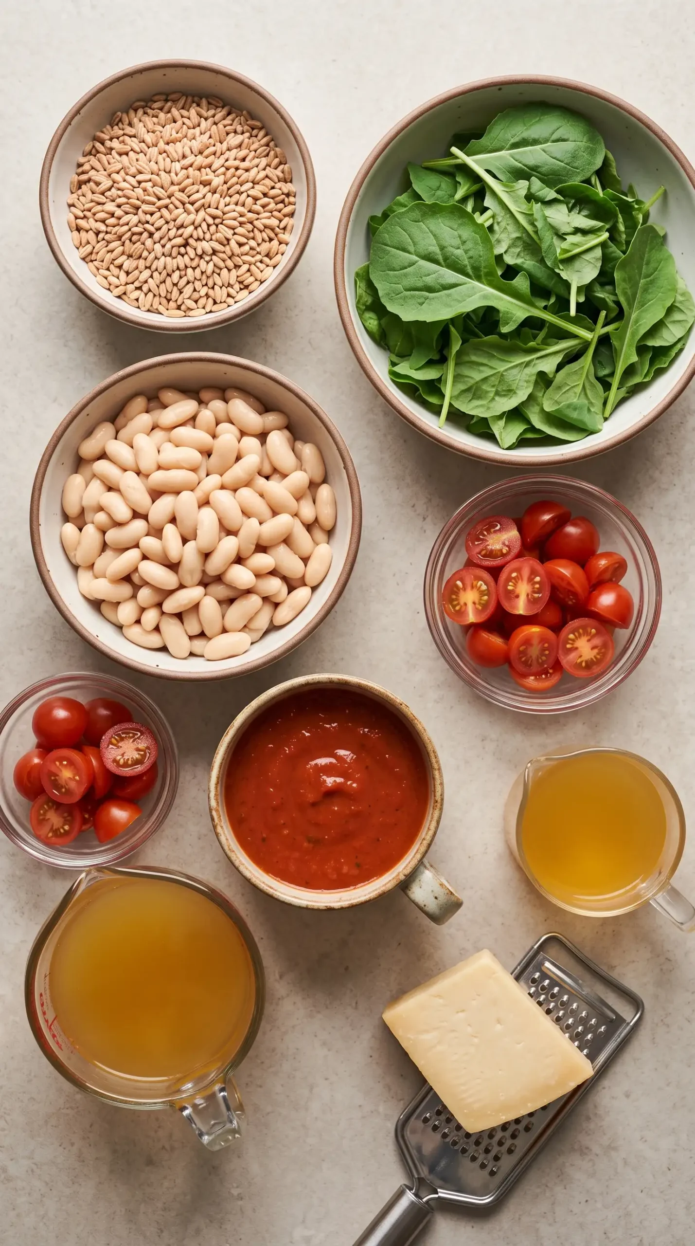 Ingredients for asiago white beans with farro, kale, tomatoes, and cheese arranged on a stone surface