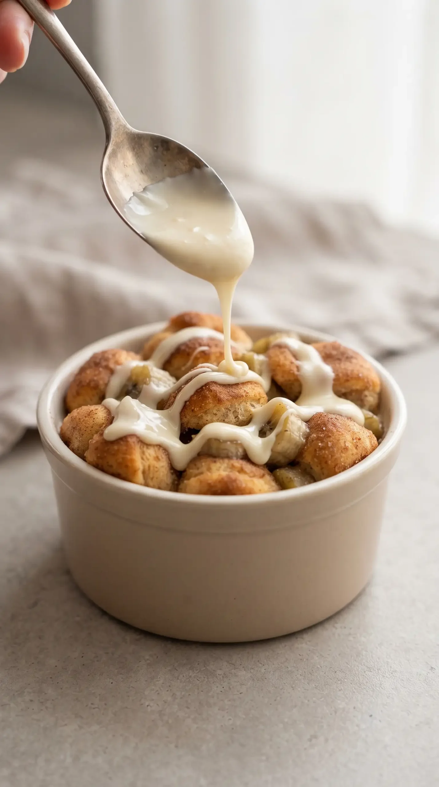 Warm banana monkey bread topped with melted white chocolate in a ramekin