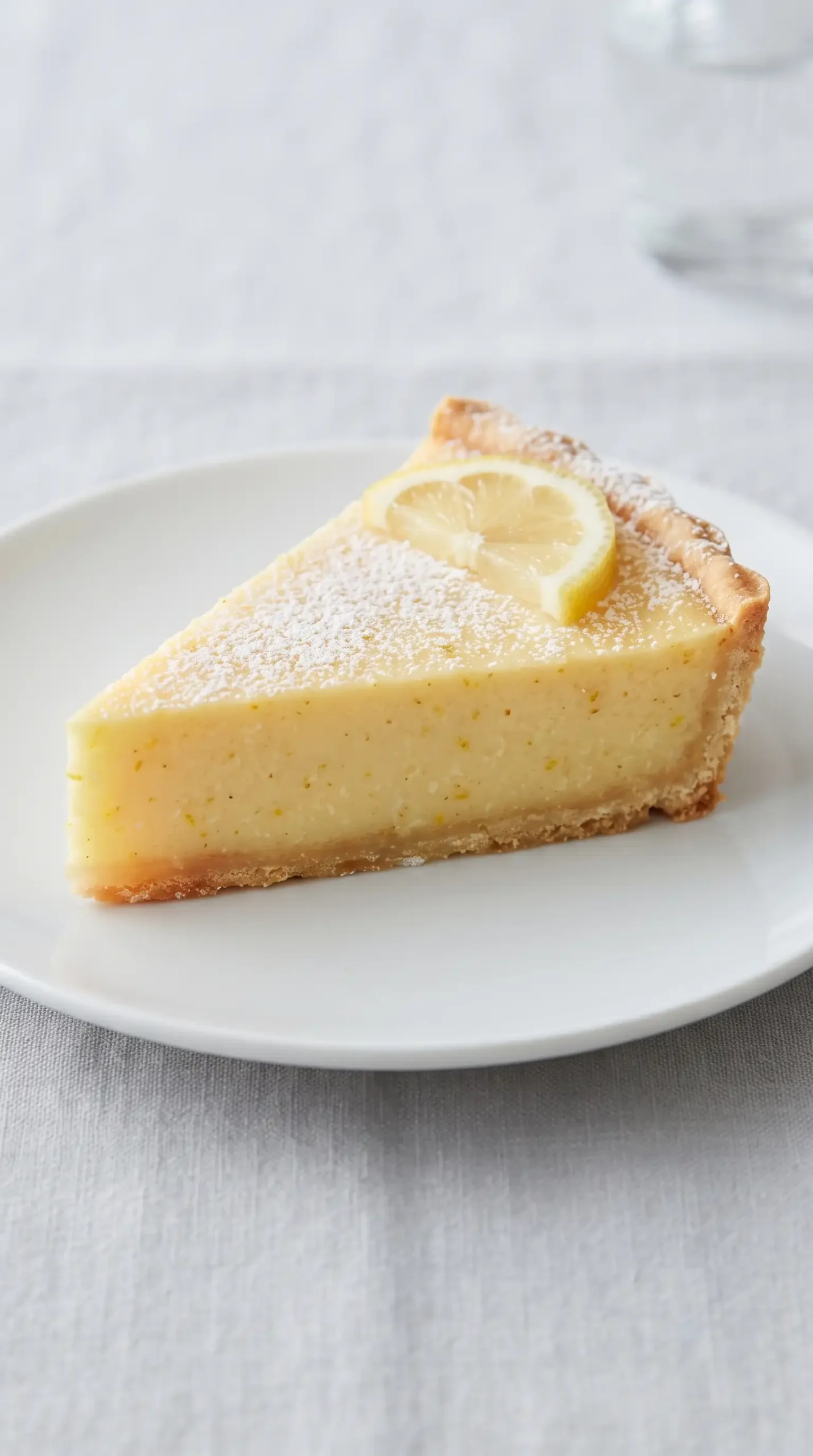 Chilled slice of whole lemon blender pie with smooth filling and lemon garnish