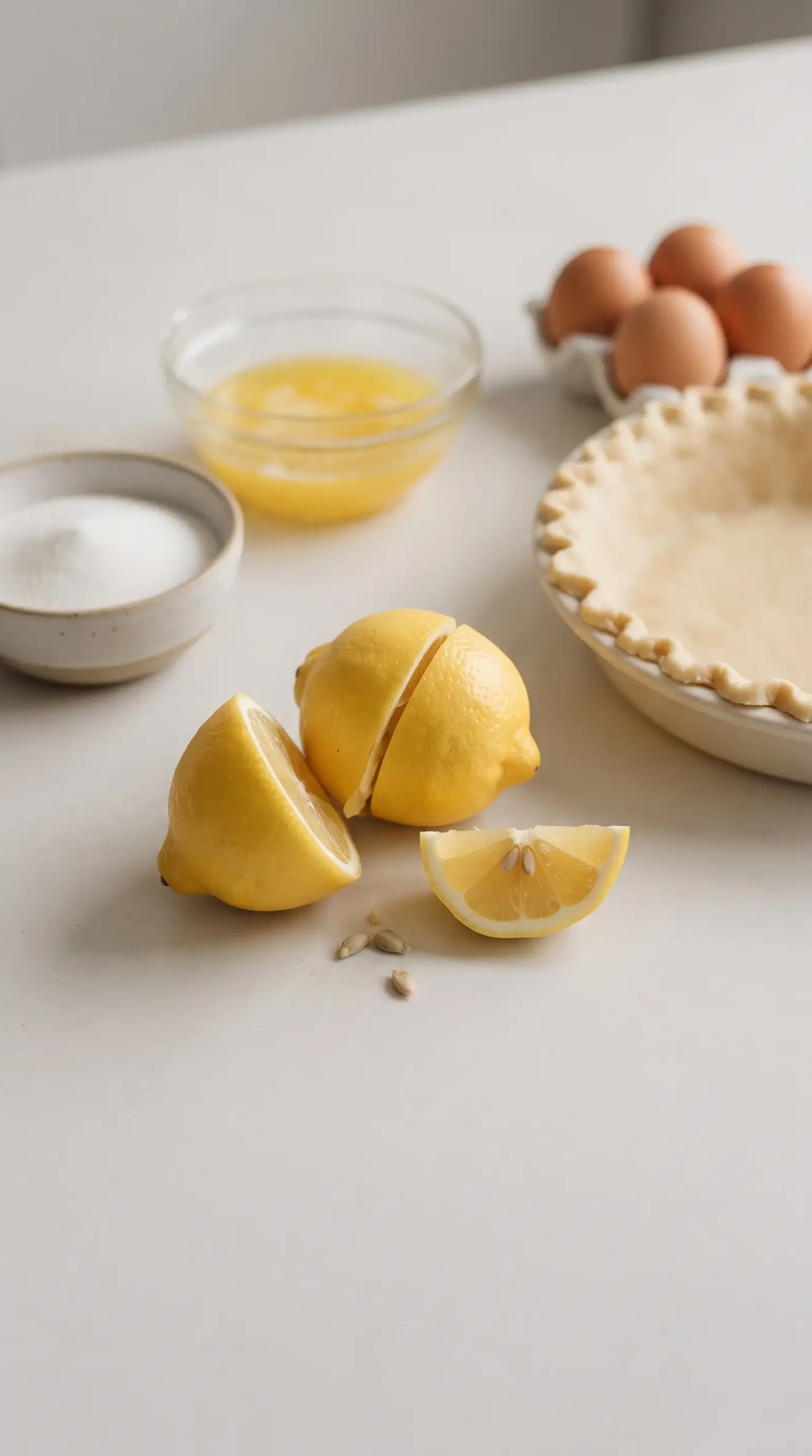 Whole lemon blender pie ingredients with lemon, eggs, sugar, butter, and pie crust
