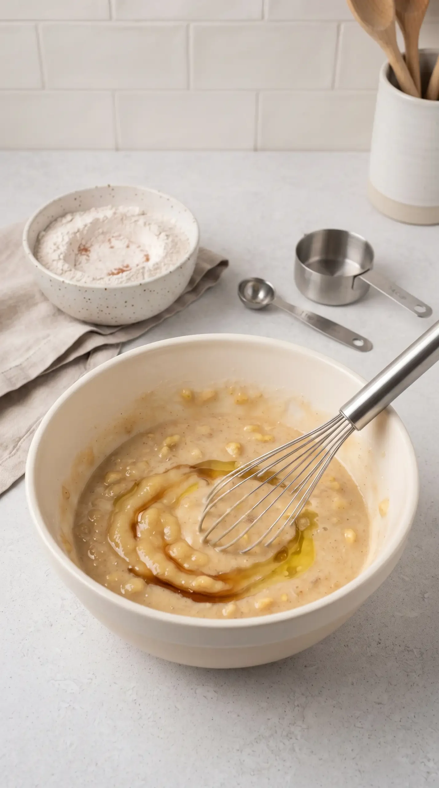 Whole wheat banana cake batter with banana puree and flour in mixing bowls