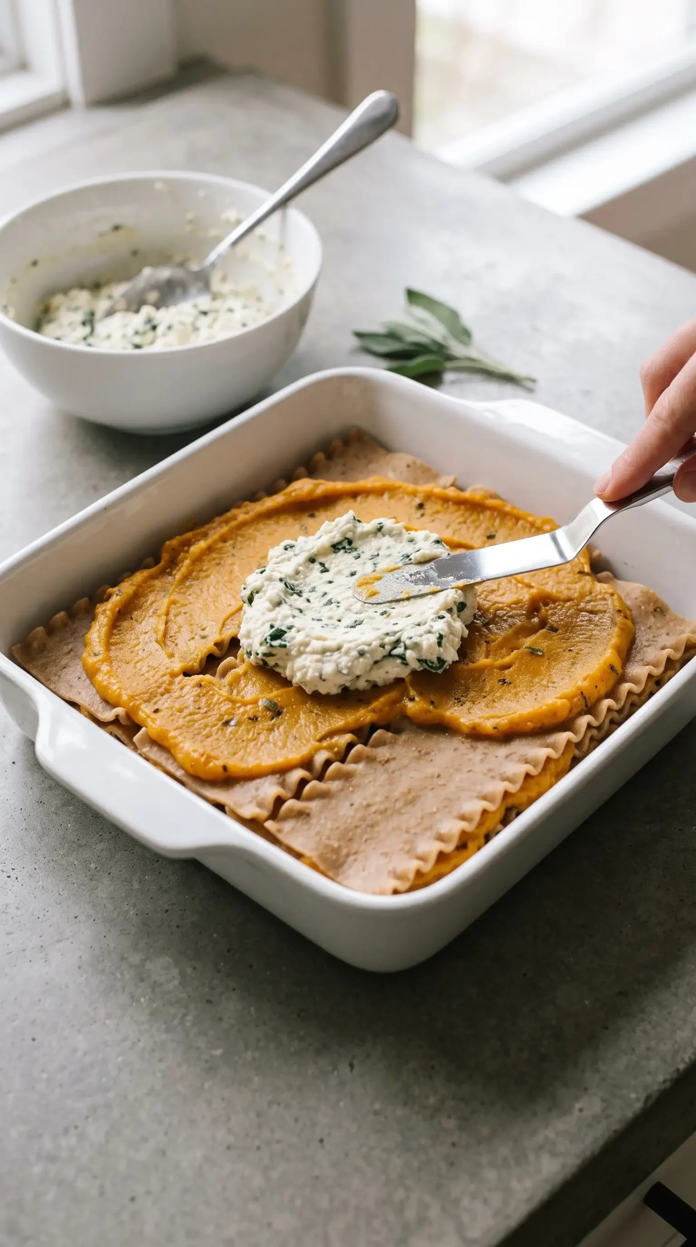 Whole wheat noodles layered with squash purée and ricotta in a baking dish