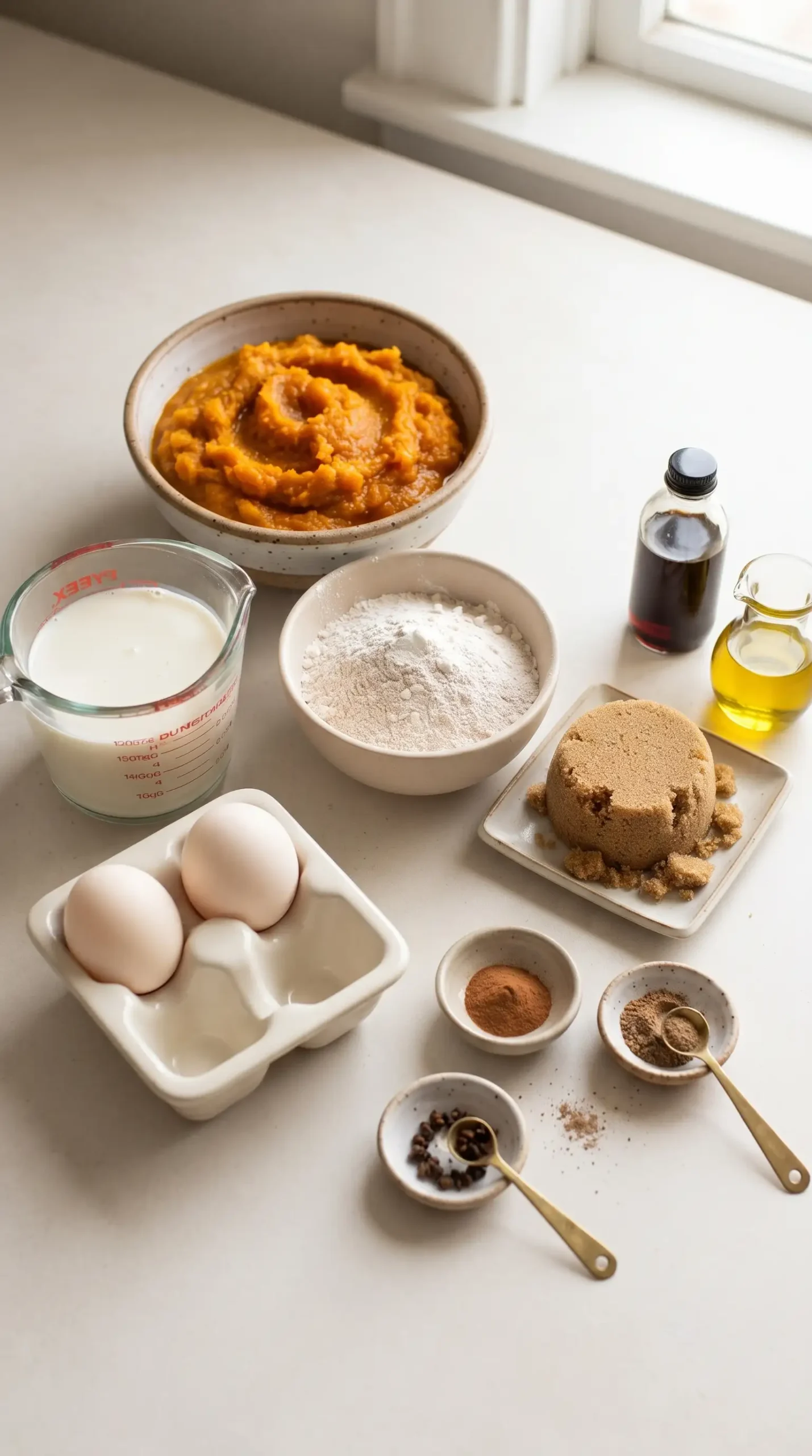 Ingredients for whole wheat pumpkin pancakes with pumpkin puree, flour, eggs, and spices