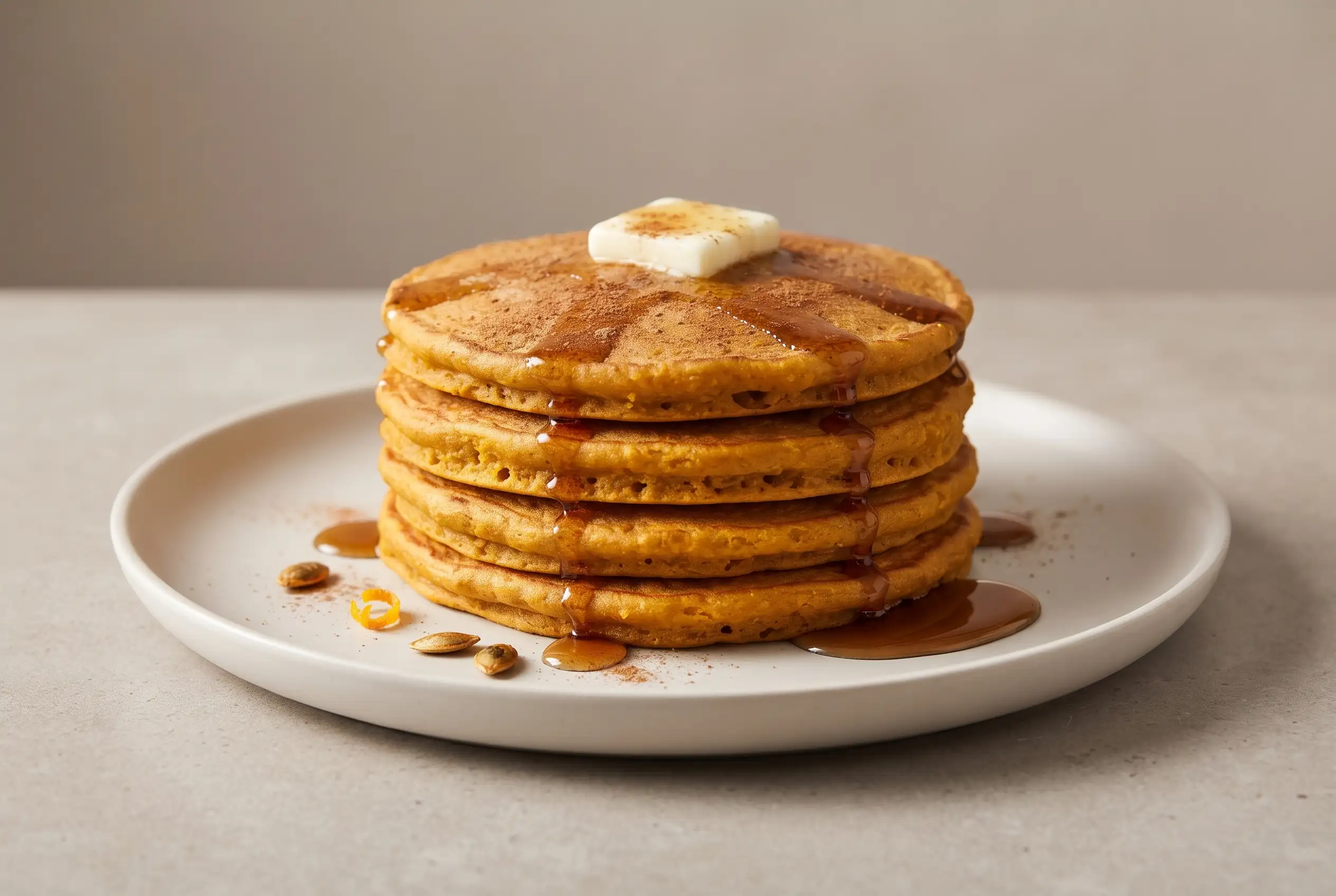 Stack of whole wheat pumpkin pancakes with butter and maple syrup on a ceramic plate