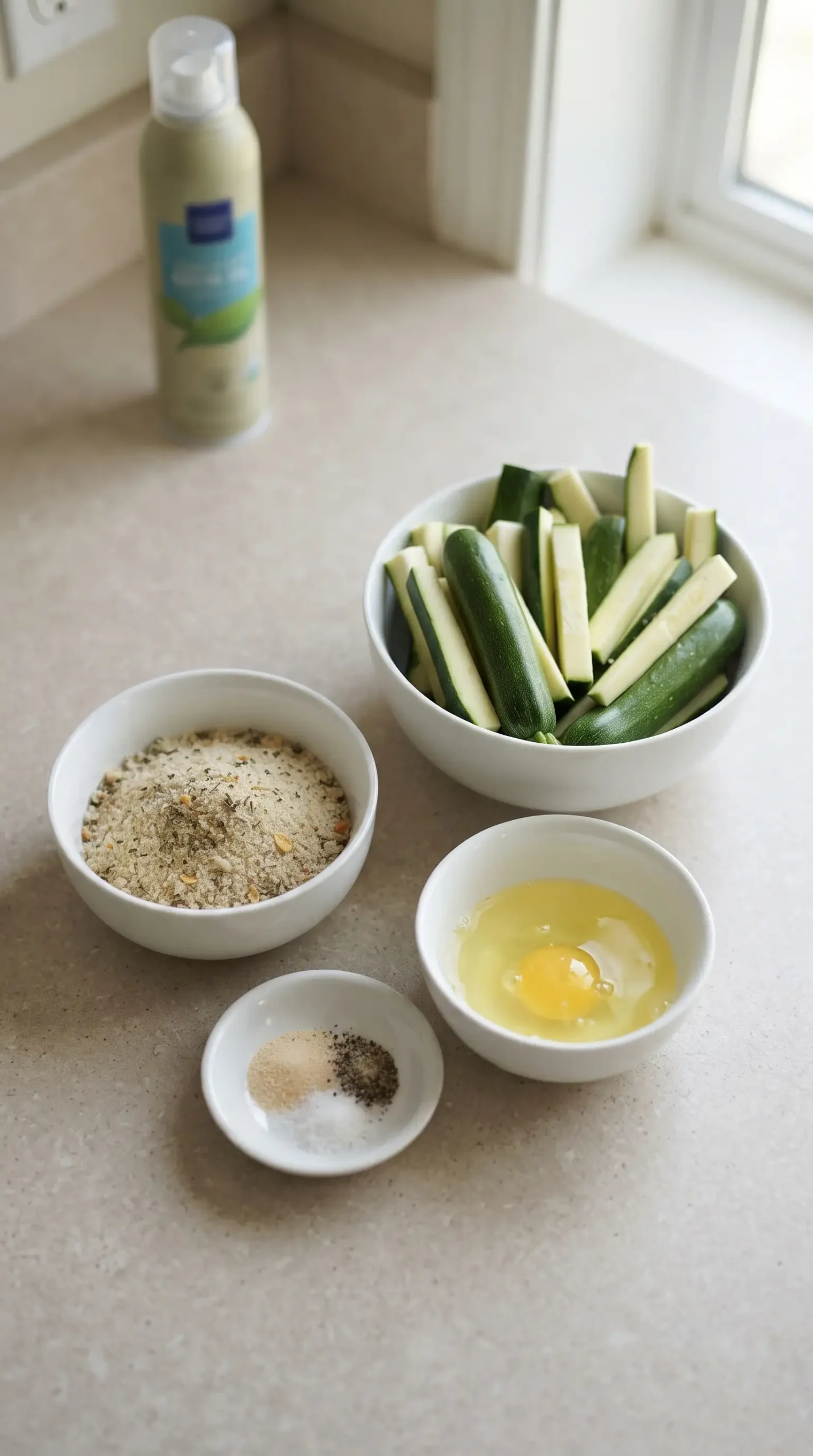Fresh zucchini sticks with breadcrumbs, egg white, garlic powder, salt, and pepper for baked zucchini fries