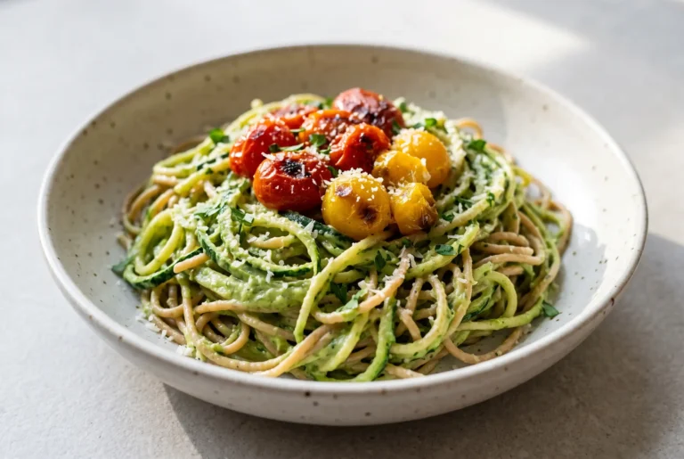 Zucchini spaghetti with avocado sauce, whole wheat pasta, and burst cherry tomatoes in a bowl